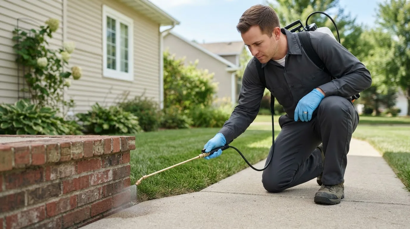 Pest control technician treating a home near Princeton, KS